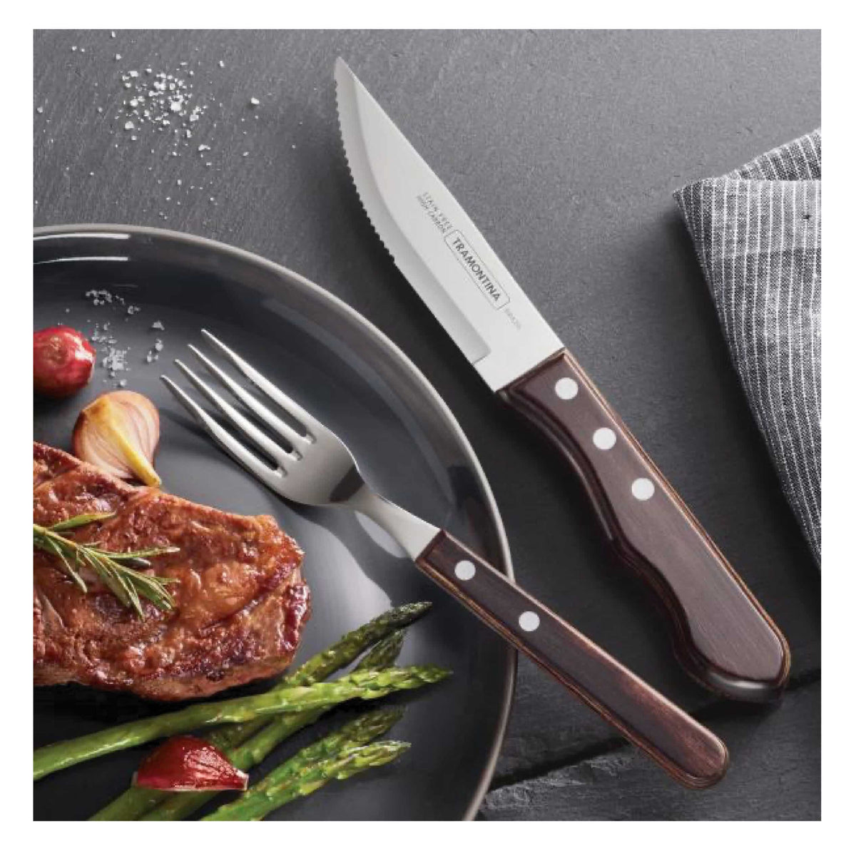 Tramontina Jumbo 4 Pieces Steak Kinife Set with Stainless Steel Blade and Brown Dishwasher Safe Polywood Handle