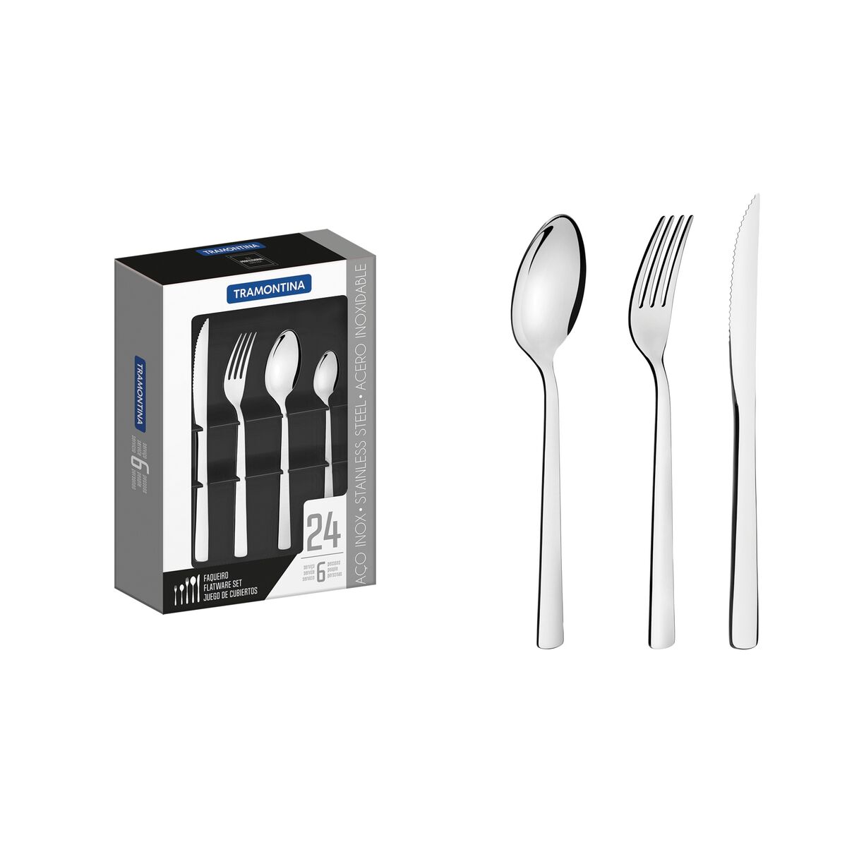 Tramontina Oslo stainless steel flatware set with steak knives and high gloss, 24 pc set