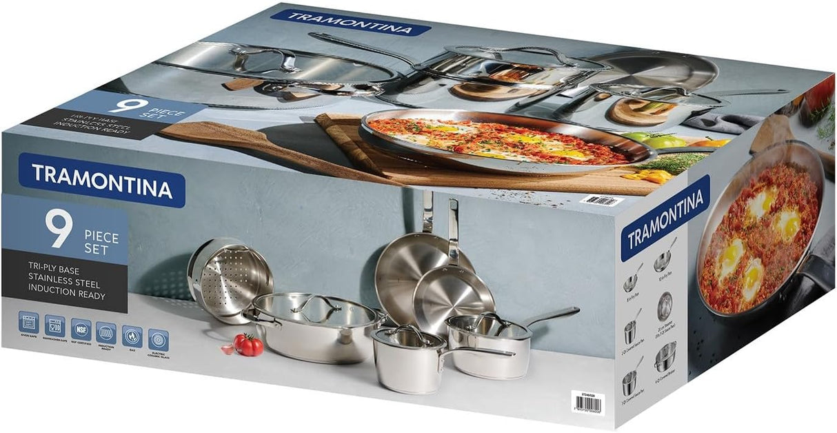 Tramontina Since 1911, 9-Piece Tempo Tri-Ply Base Stainless Steel Cookware Set with Glass Lids, Pots and Pans Kitchen Set, Induction-Ready, Oven-Safe, Dishwasher-Safe
