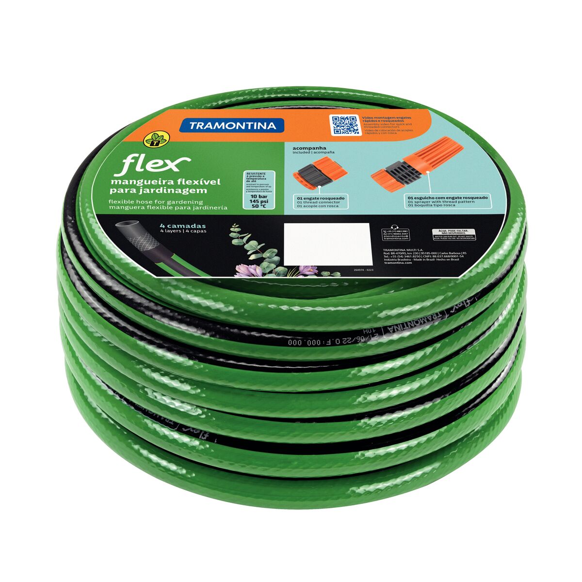 Tramontina Flex 10-m 4-Layer Green PVC Garden Hose with Black Stripe, Threaded Connector and Sprayer