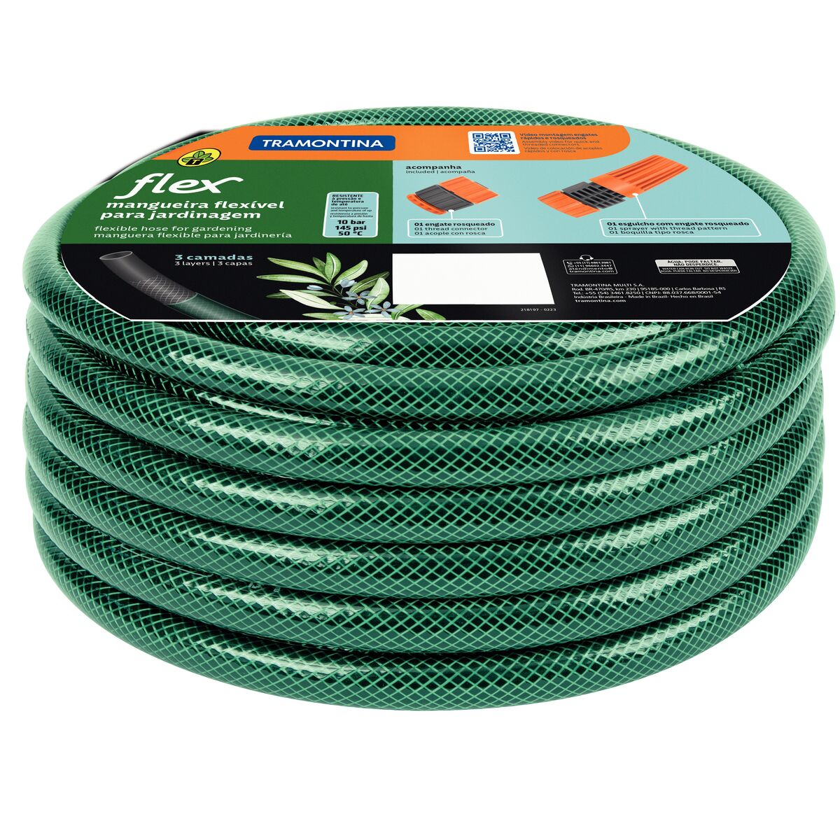 Tramontina 30m Flex Garden Hose in Green with 3-Layers PVC Fiber and Braided Polyester Cord with Thread Connectors and Sprayer