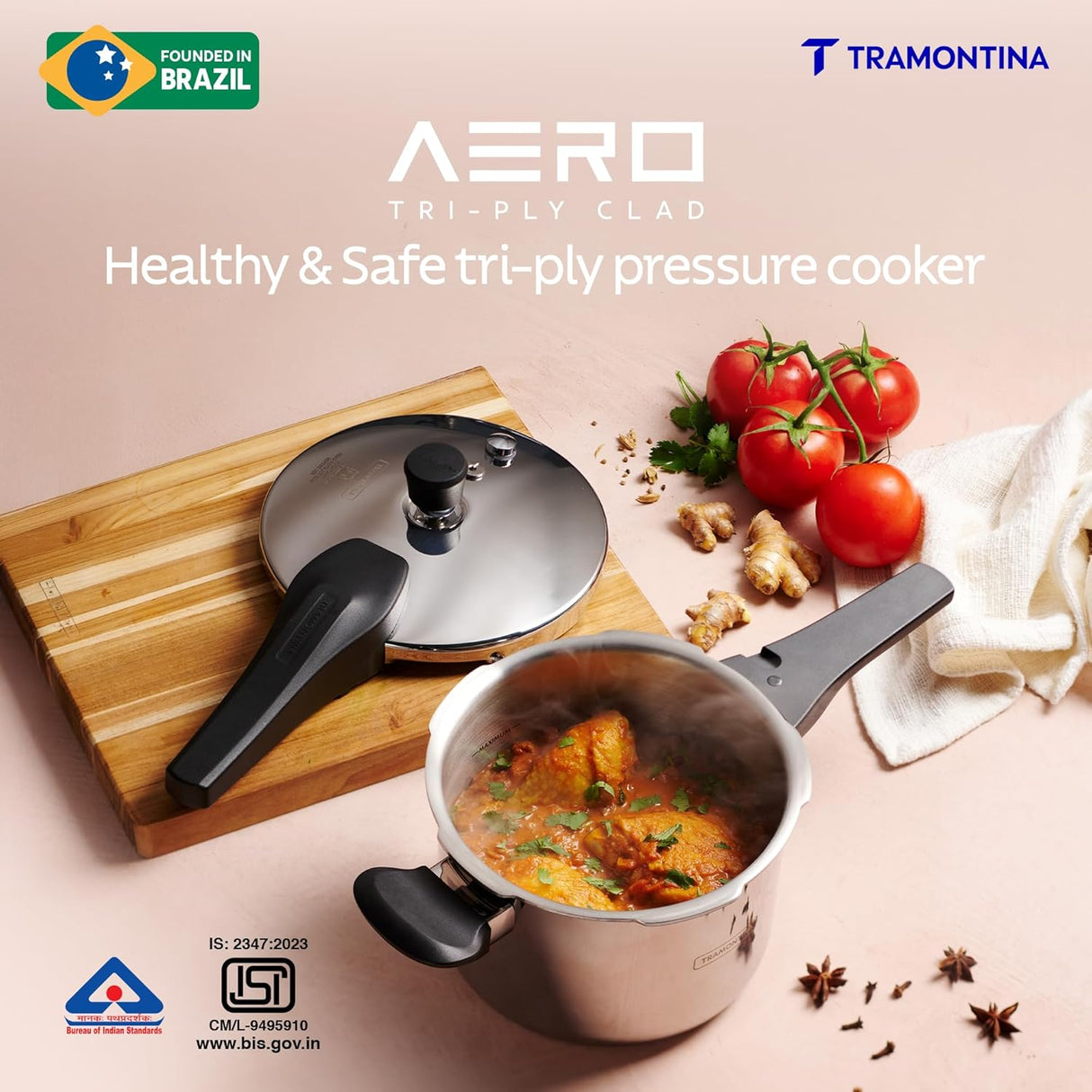 Tramontina Aero Arc 5L Tri-Ply Stainless Steel Pressure Cooker |3-Layer Safety System | Gas & Induction Compatible | Ergonomic Easy-Close | Inner Markings.