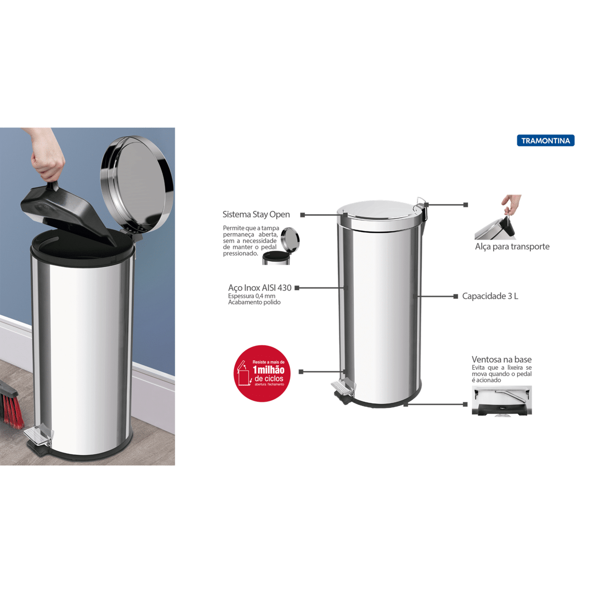 Tramontina 30Liter Stainless Steel Pedal Trash Bin with a Polished Finish and Removable Internal Bucket