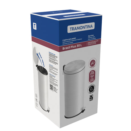 Tramontina stainless steel pedal trash bin with a scotch brite finish and removable internal bucket 30 L