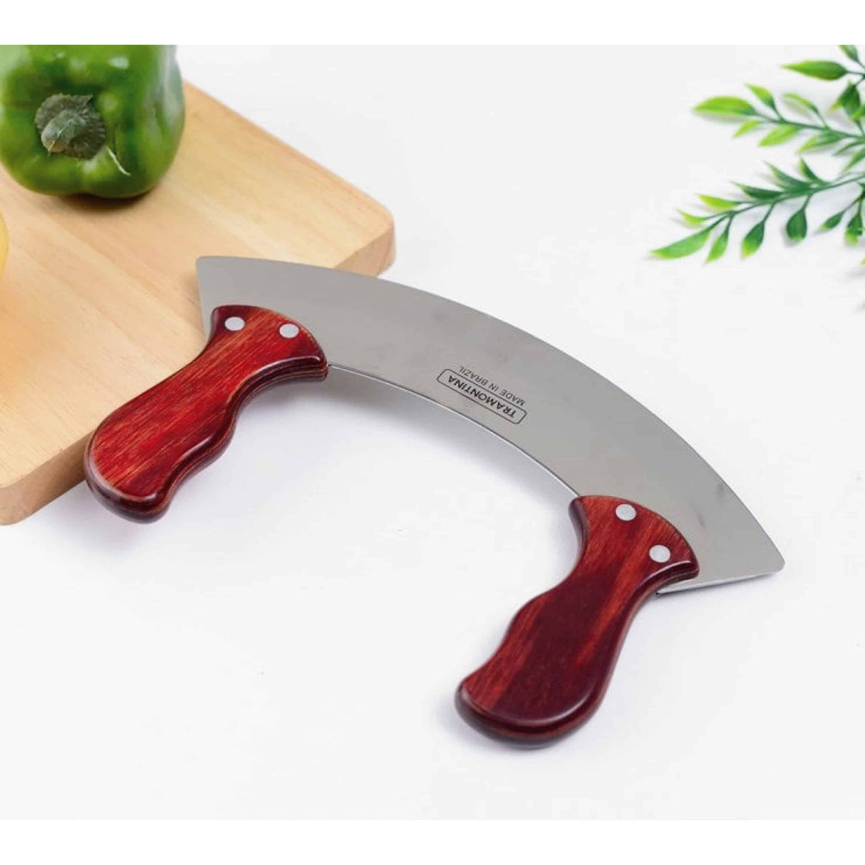 Tramontina Polywood Mezzaluna Chopper and Mincing Knife with Stainless Steel Blade and Red Dishwasher Safe Treated Handle