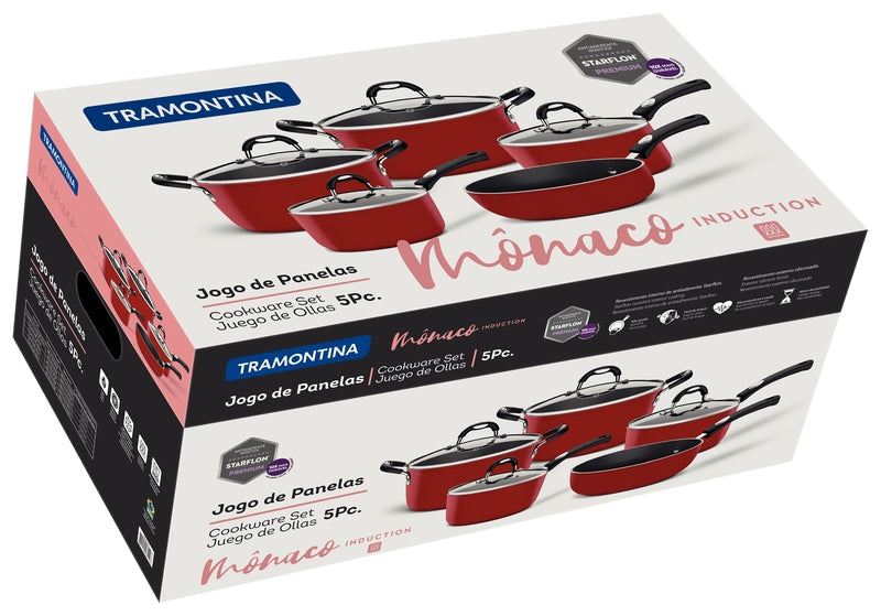 Tramontina Monaco Induction Ready 9 Pieces Aluminum Cookware Set with Interior Starflon Premium Nonstick Coating and Exterior Red Silicone Coating