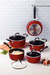 Tramontina Monaco Induction Ready 9 Pieces Aluminum Cookware Set with Interior Starflon Premium Nonstick Coating and Exterior Red Silicone Coating