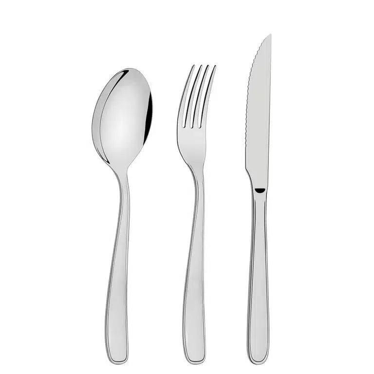 Tramontina Angra 24-Pieces Stainless Steel Flatware Set with Steak Knife and Mirror Finish and Detailing on the Handles