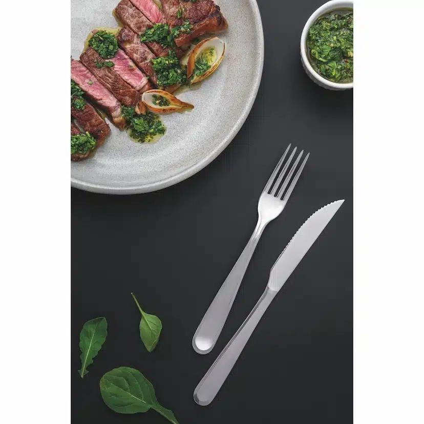 Tramontina Angra 24-Pieces Stainless Steel Flatware Set with Steak Knife and Mirror Finish and Detailing on the Handles