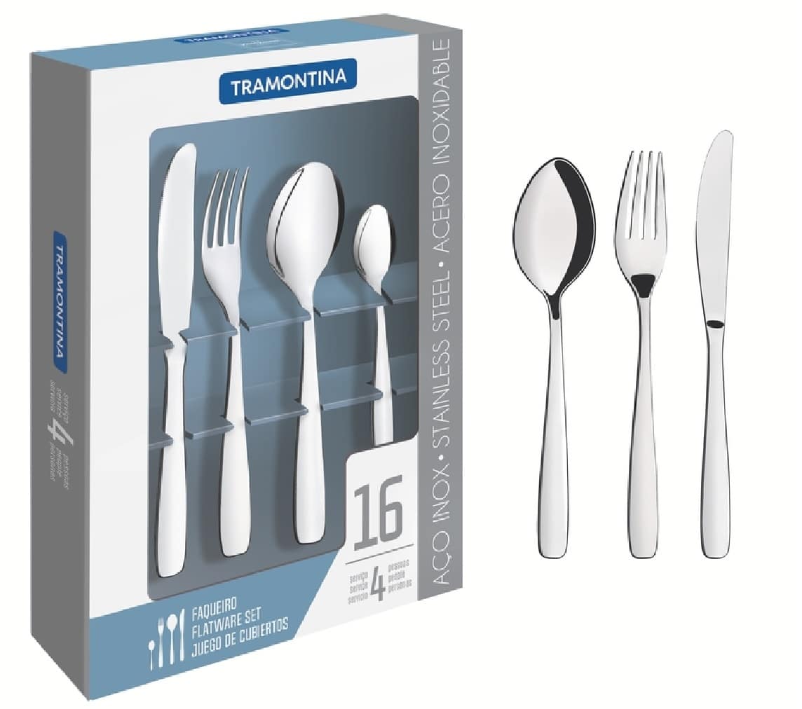 Tramontina Amazona 16 Pieces Stainless Steel Flatware Set with Table Knife and High Gloss Finish