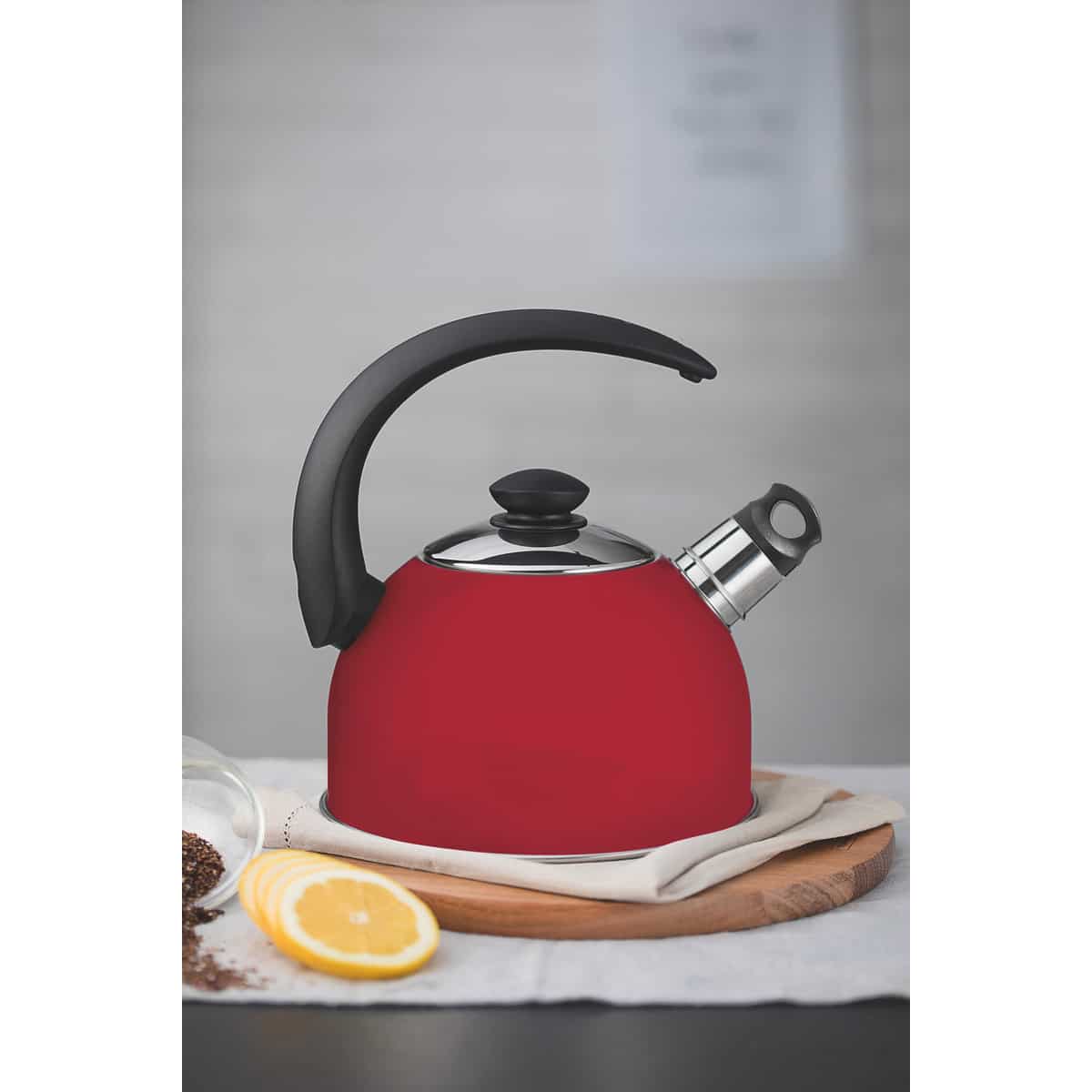 Tramontina red stainless steel whistling kettle with black handle, 2.1 ...