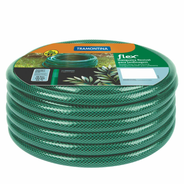 Tramontina 10m Flex Garden Hose in Green with 3-Layers PVC Fiber and Braided Polyester Cord with Thread Connectors and Sprayer